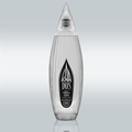 KA DOS Blanco bottle in sleek clear glass with vertical grooves and a sharp, faceted agave-leaf-shaped cap. Black-and-white front label features the KA DOS logo, “Organic Tequila Blanco”, 40% vol., 700 ml, and “100% Puro de Agave Azul”. Clean and modern design with artisanal detailing.