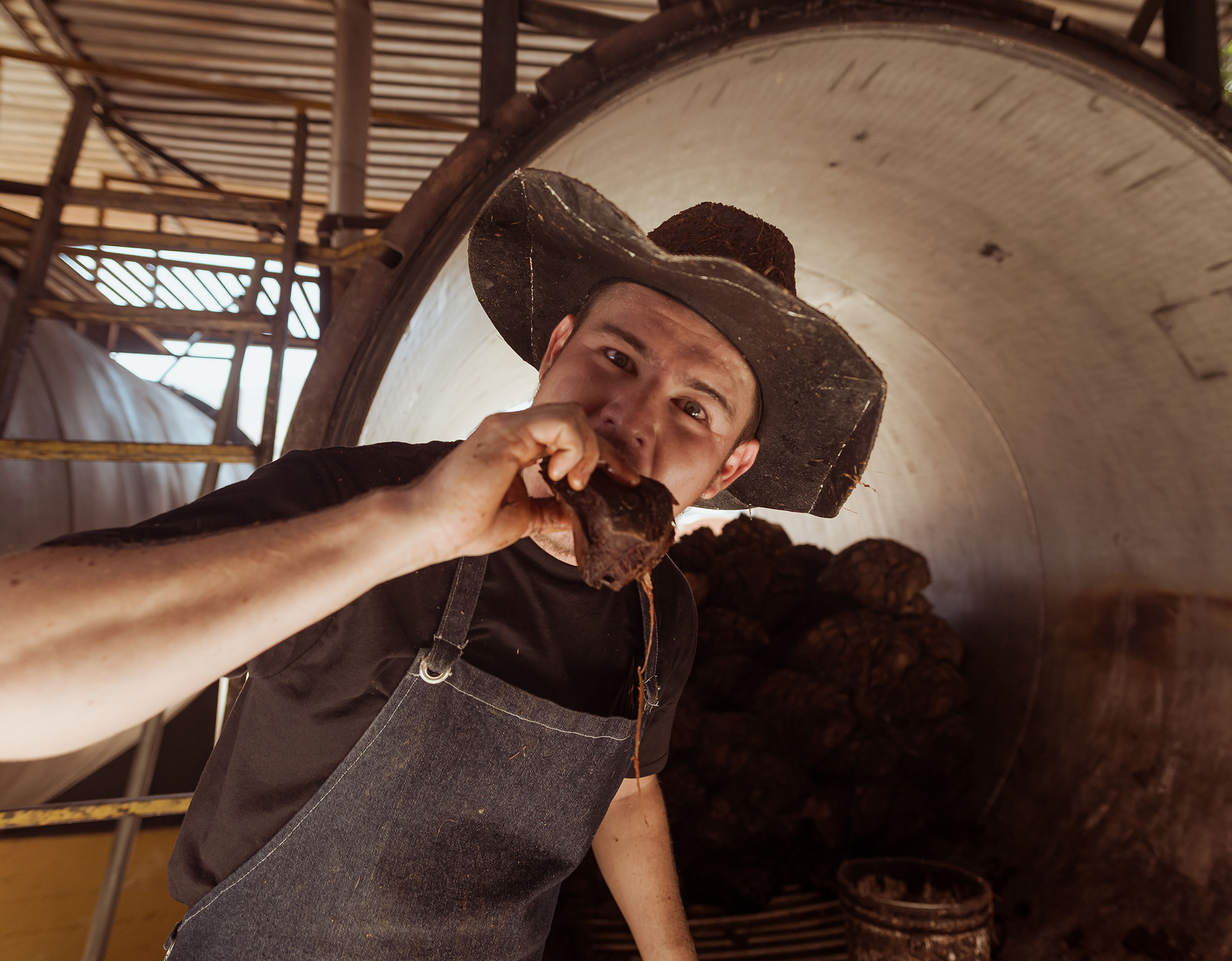 Close-up of a man in a black shirt, denim apron, and wide-brimmed hat inside a roasting chamber. He is holding and biting into a dark, caramelized piece of roasted agave. Behind him, the chamber is filled with roasted agave hearts. The setting conveys the artisanal, hands-on process of tequila production.